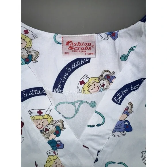 Fashion Scrubs Women's V Neck Scrub Top Plus Size 3XL Cute Nurse Stitching Bunny - Picture 2 of 5